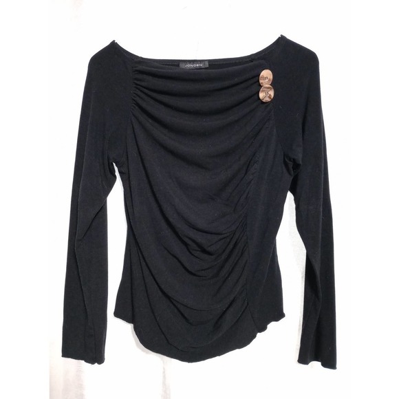 Retro soft shirred BLOUSE marble wood buttons black top JONDEN - Picture 5 of 6